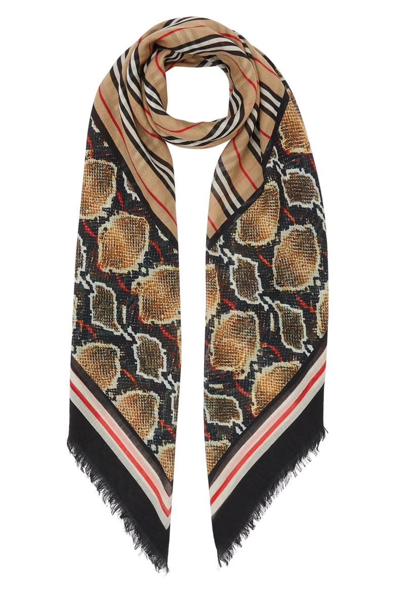 Stripe & Snake Print Wool & Silk Scarf, Main, color, ARCHIVE BEIGE