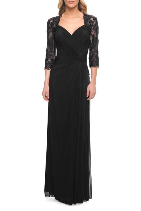 Jersey Gown with Knot Detail and Lace Sleeves
