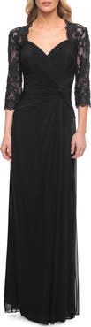 La Femme Jersey Gown with Knot Detail and Lace Sleeves