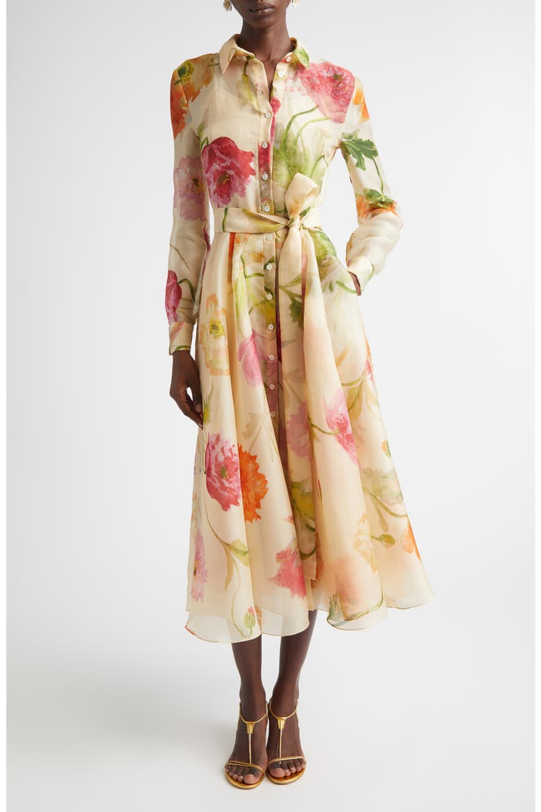 Poppy Print Belted Long Sleeve Silk Organza Shirtdress, Main, color, ALMOND MULTI