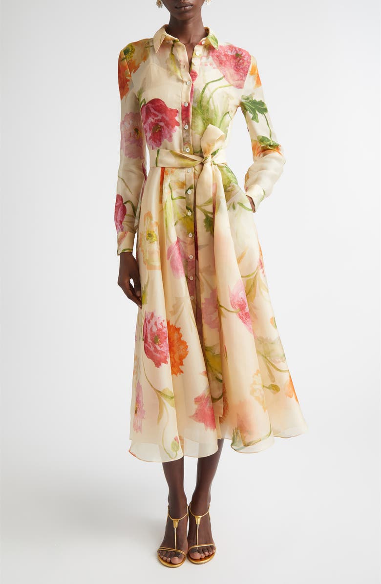 Carolina Herrera Poppy Print Belted Long Sleeve Silk Organza Shirtdress, Main, color, Almond Multi