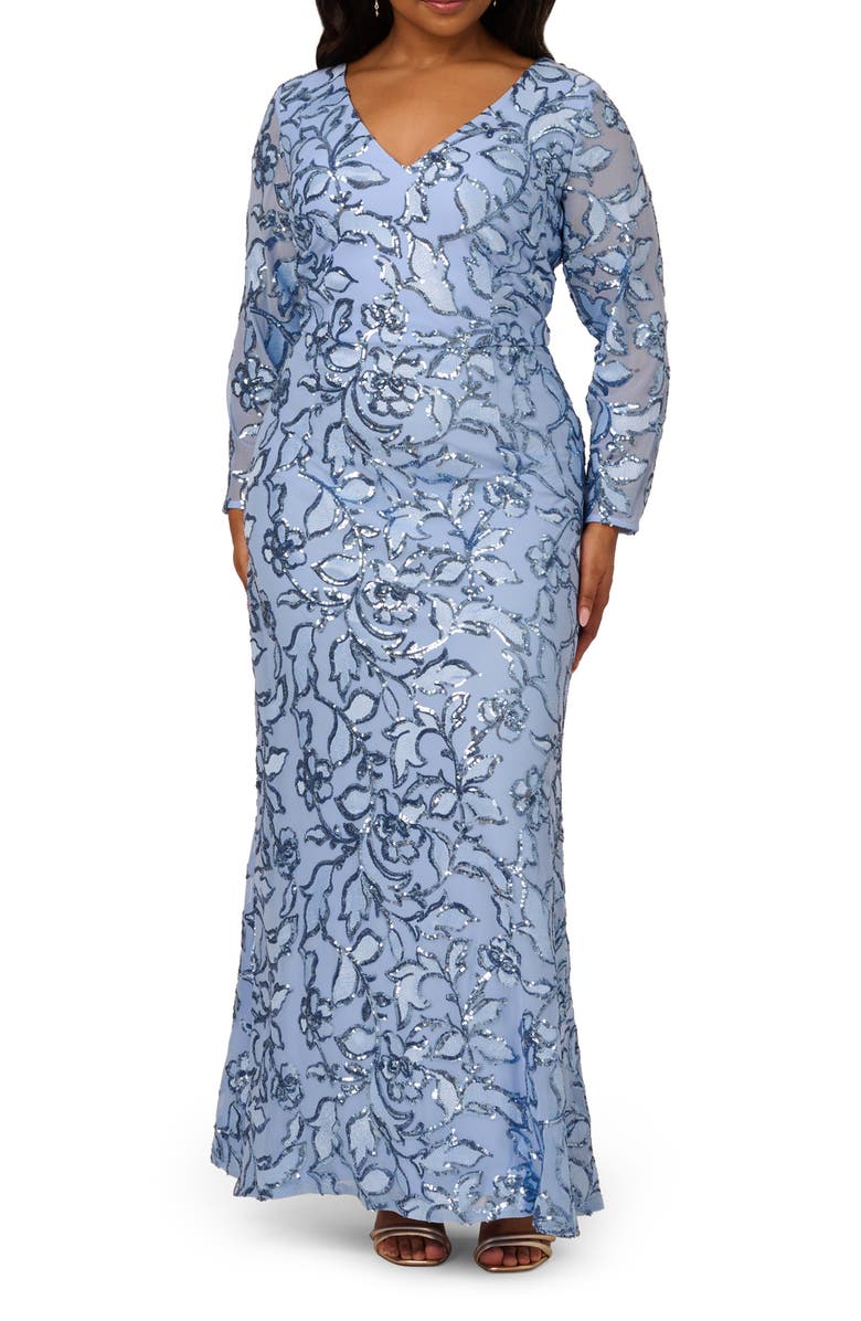 Adrianna Papell Sequin Floral Long Sleeve Mermaid Gown, Main, color, 