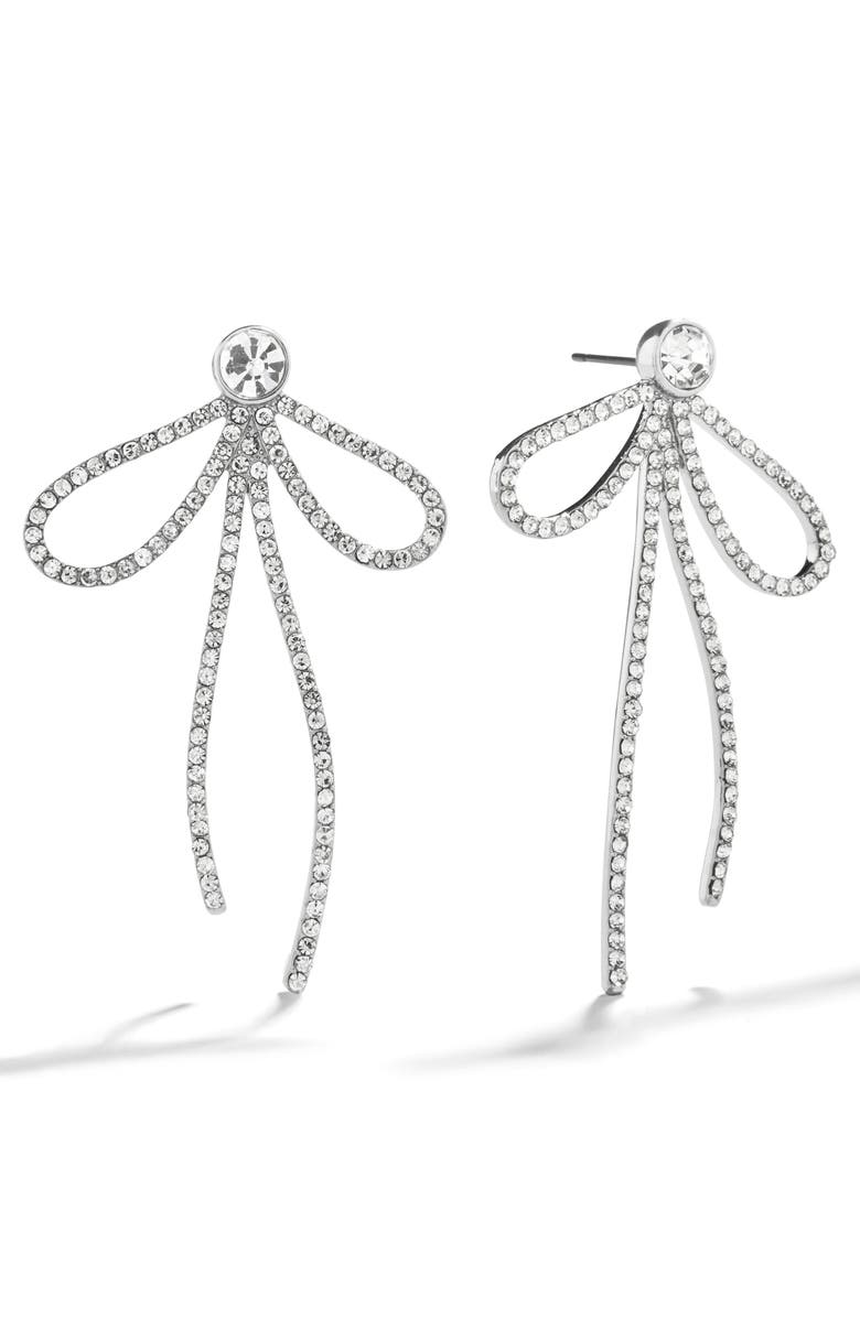 BaubleBar Madeline Crystal Bow Drop Earrings, Main, color, Silver