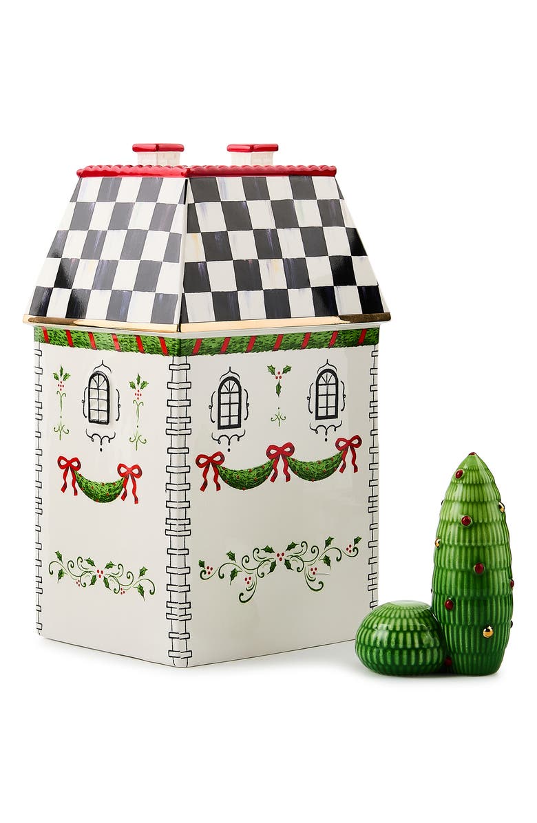 MACKENZIE CHILDS Holly Village Illuminated Ceramic Gingerbread Cottage & Shrub, Alternate, color, White