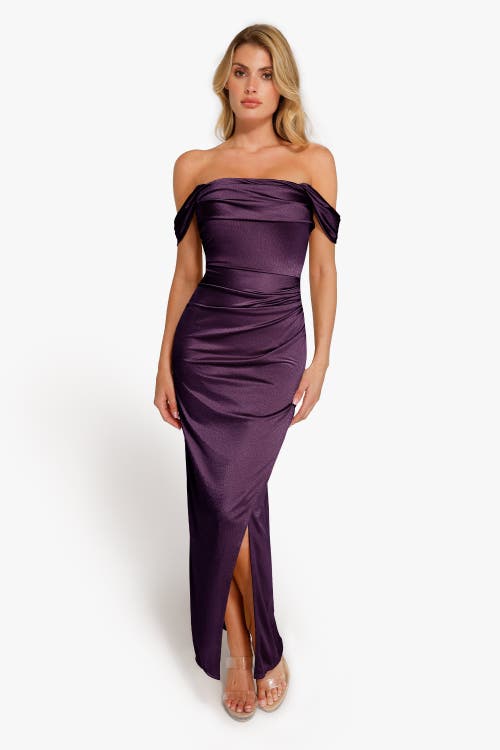 Popilush Shapewear Off Shoulder Shine Ruched Sculpting Maxi Dress In Fig