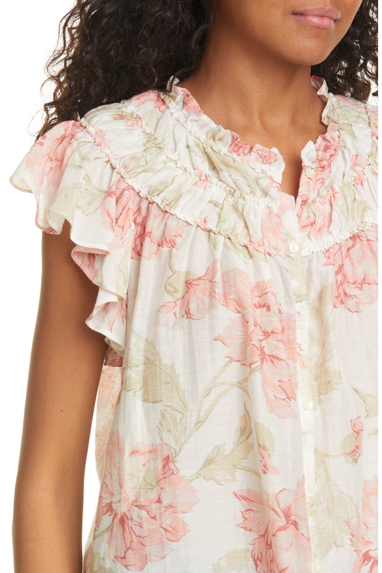 Peonies Floral Print Cotton & Silk Top, Alternate, color, CREAM COMBO