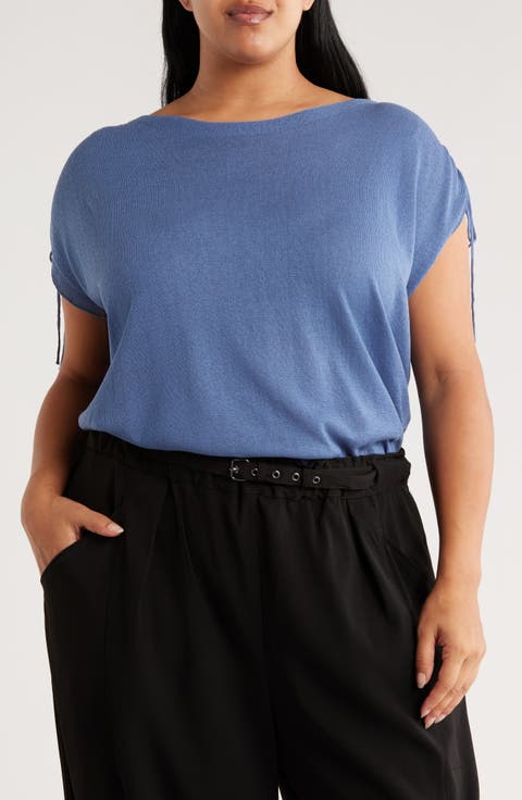 Ruched Shoulder Cap Sleeve Sweater (Plus)