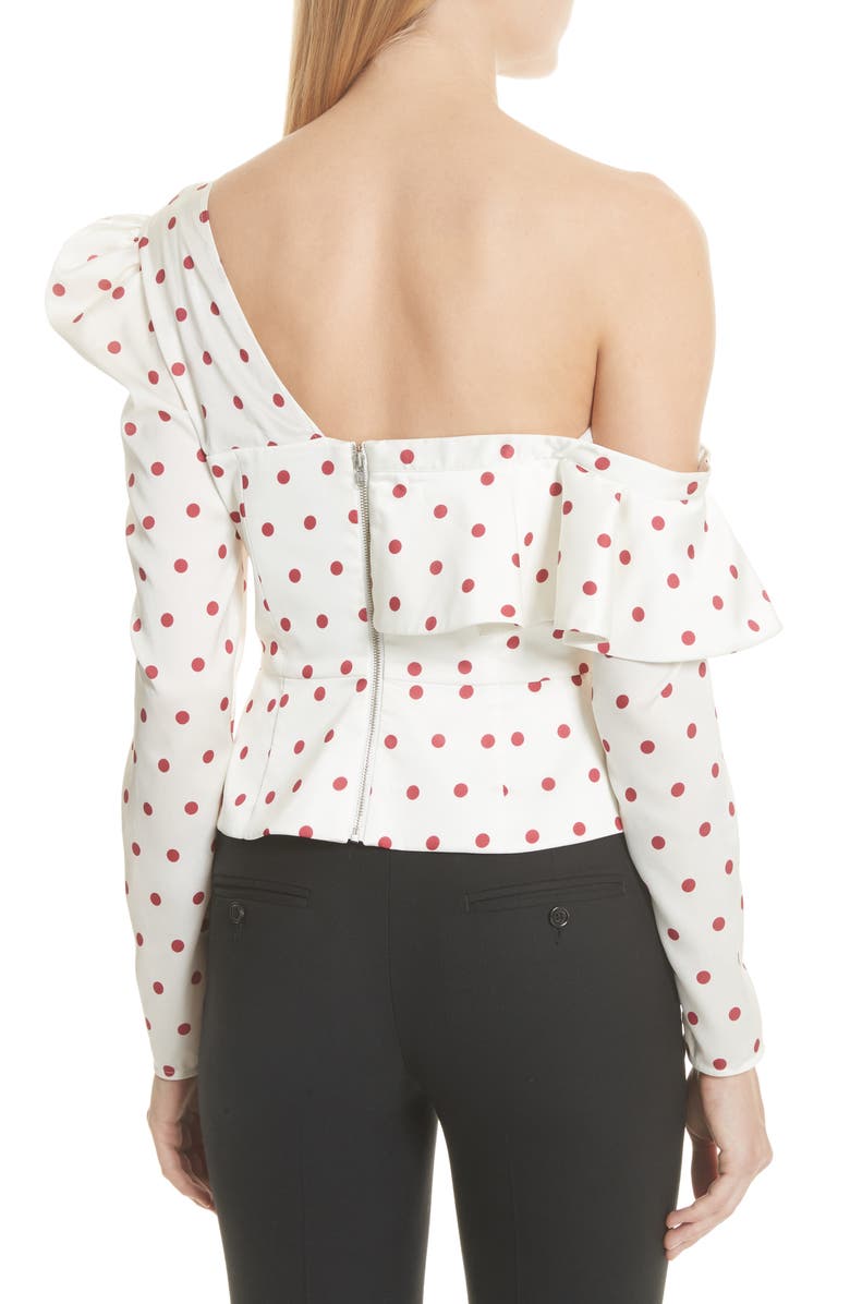 Self-Portrait Polka Dot Ruffle One-Shoulder Satin Top, Alternate, color,