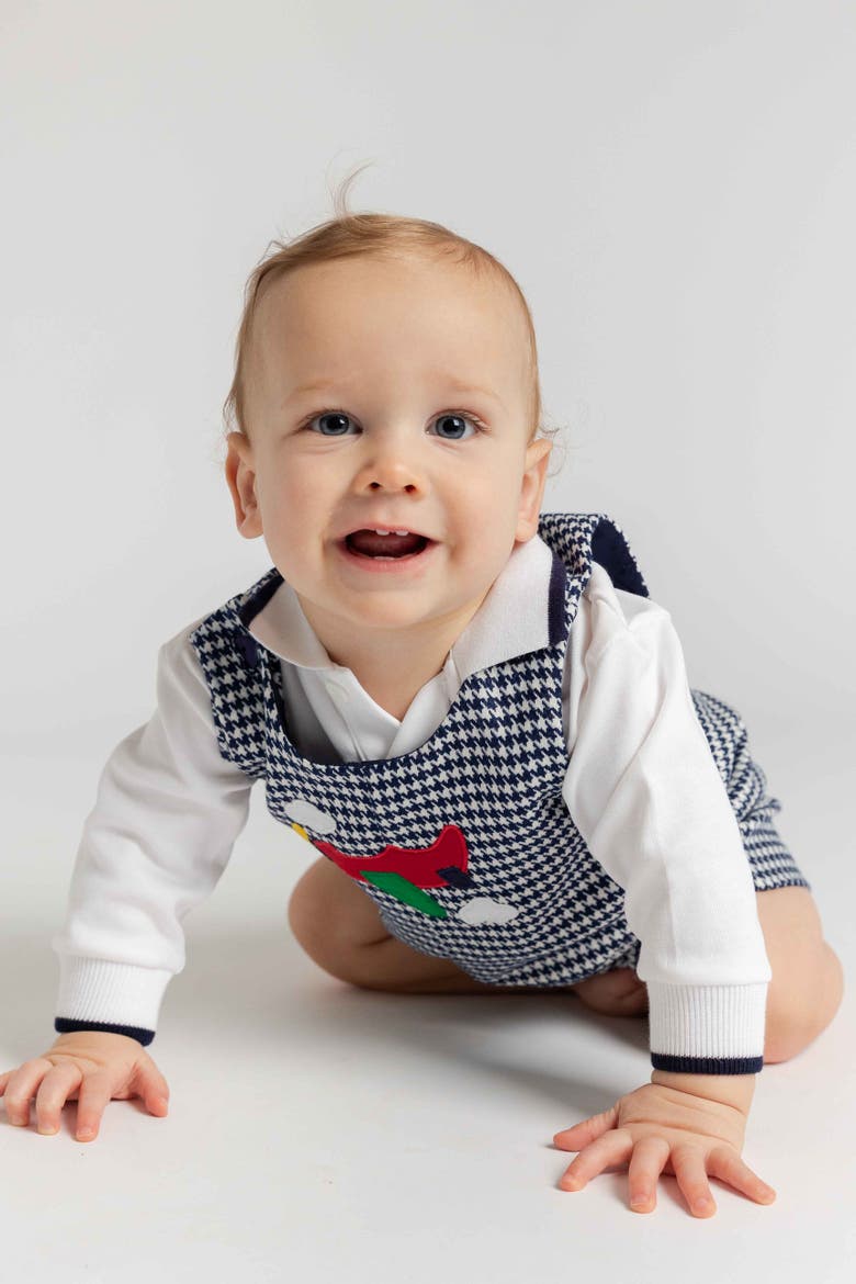 Houndstooth Shortall with Airplane, Alternate, color, Navy & White Houndstooth