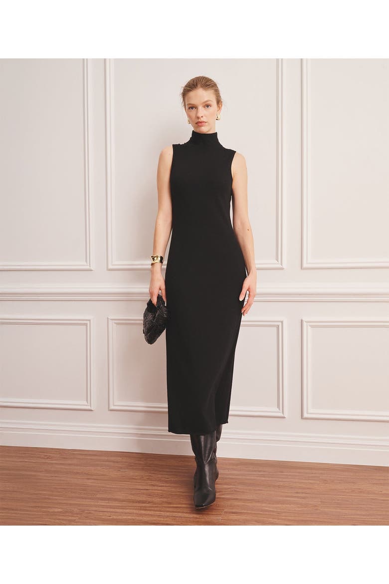 Super Fine Cashmere Sleeveless Turtleneck Dress, Main, color, Black