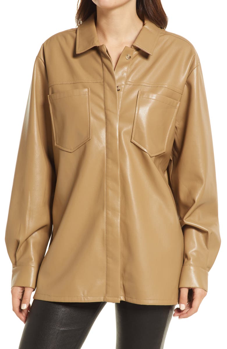 Good American Faux Leather Split Back Button-Up Shirt, Alternate, color, Warm Caramel003