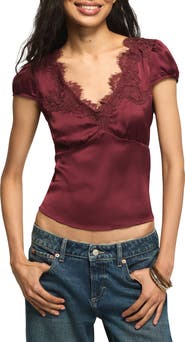 Lucky Brand Lace Trim Satin Top