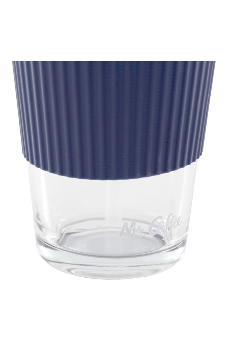 Mr. Coffee Sip Savvy 4 Piece 15 Ounce Silicone Sleeve Glass Cup Set w/ Lid and Straw, Alternate, color, Blue