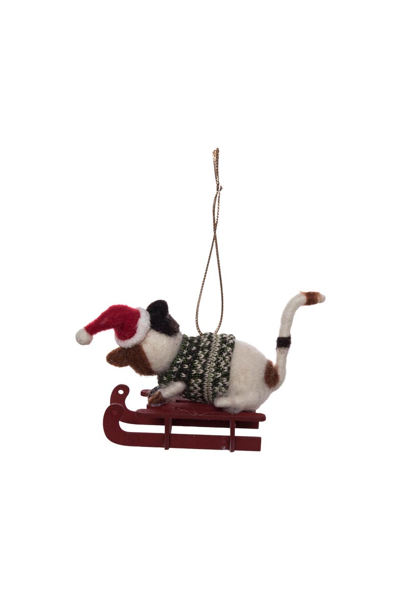 Cat On Sleigh Christmas Tree Ornament, Alternate, color, Black
