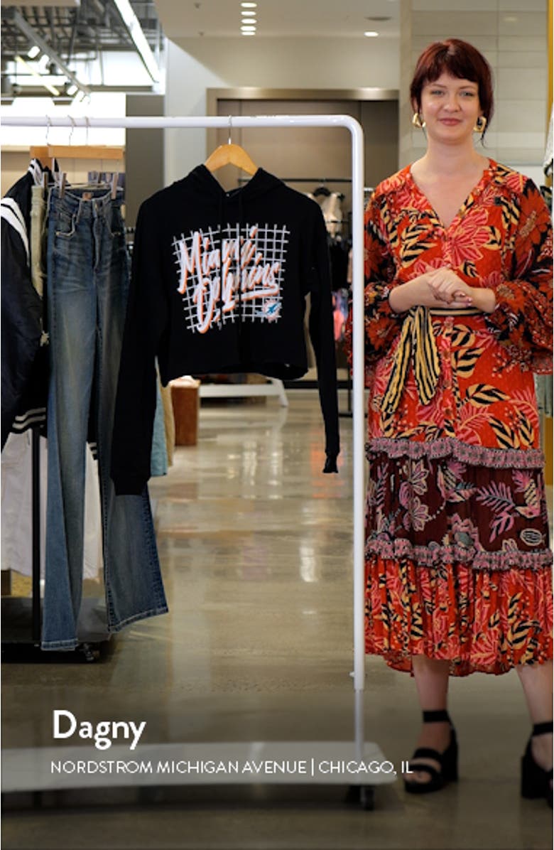 Women's WEAR by Erin Andrews Black Miami Dolphins Domestic Cropped Pullover Hoodie, sales video thumbnail