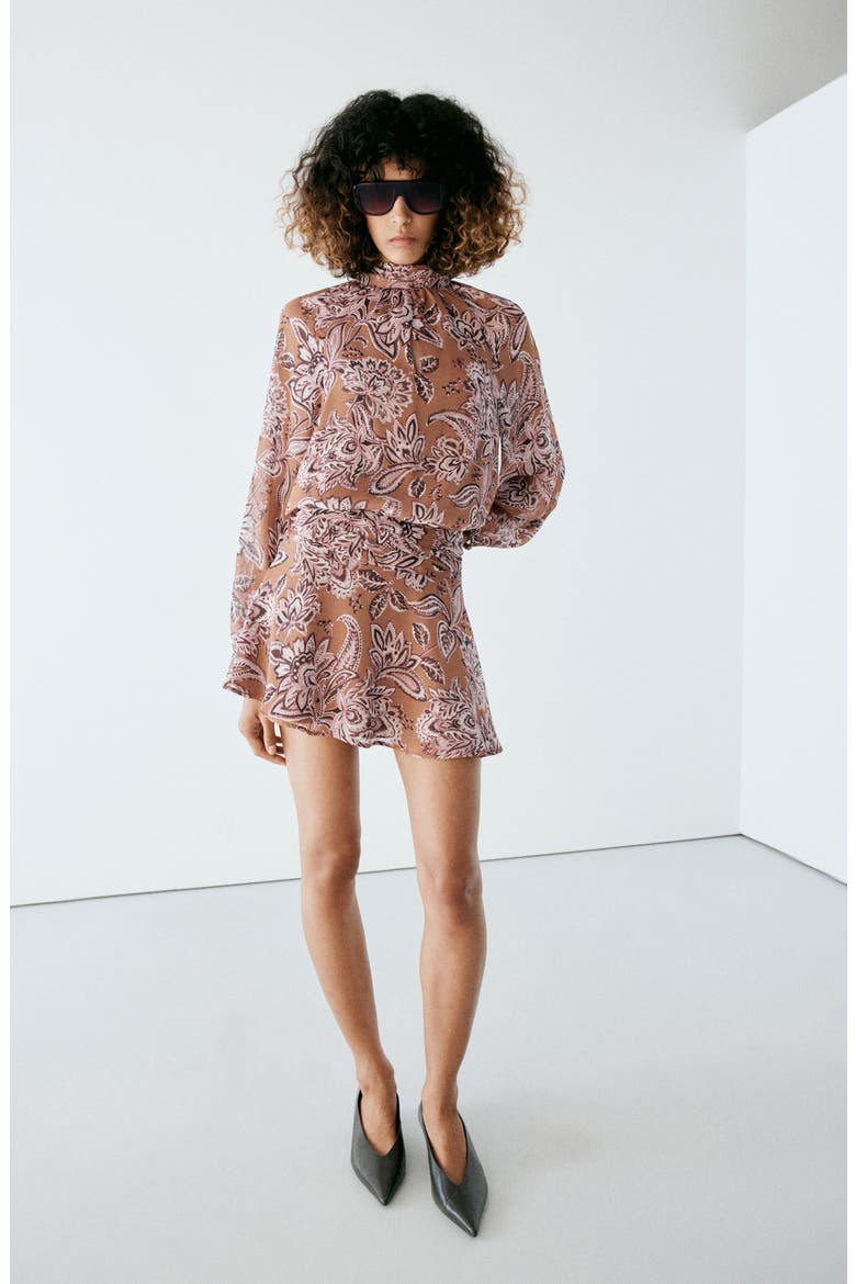 Print Gathered Long Sleeve Minidress, Alternate, color, BURNT ORANGE
