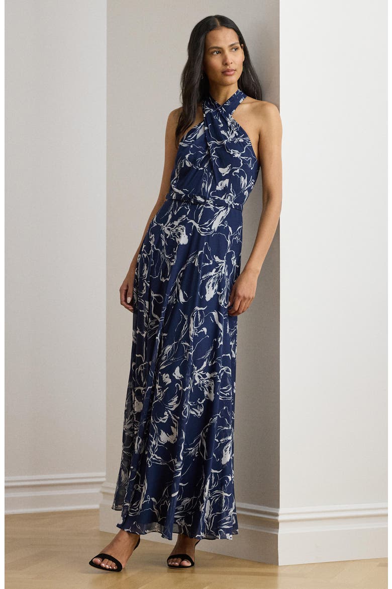 Lefora Floral Crinkle Georgette Maxi Dress, Alternate, color, NAVY BLUE/ WHITE