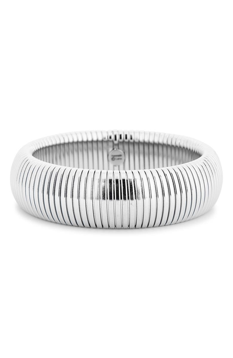 Kenneth Jay Lane Ribbed Stretch Bracelet, Main, color, Polished Silver