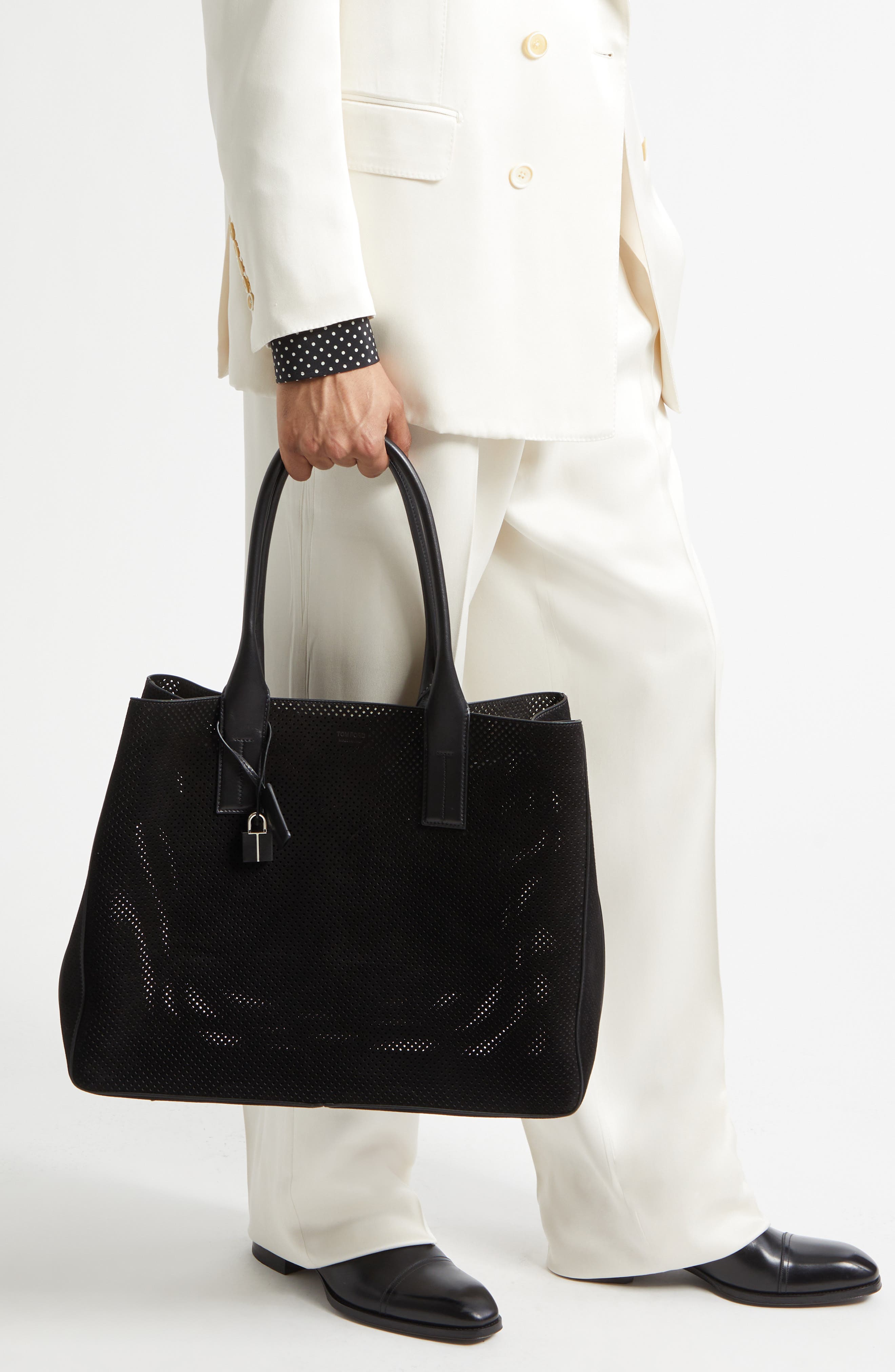 TOM FORD Perforated Suede Tote, Alternate, color, Black