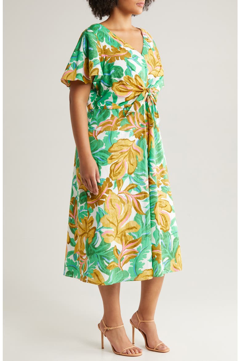 Front Tie Short Sleeve Cotton Midi Dress, Alternate, color, SOFT WHITE/ GOLDEN OLIVE