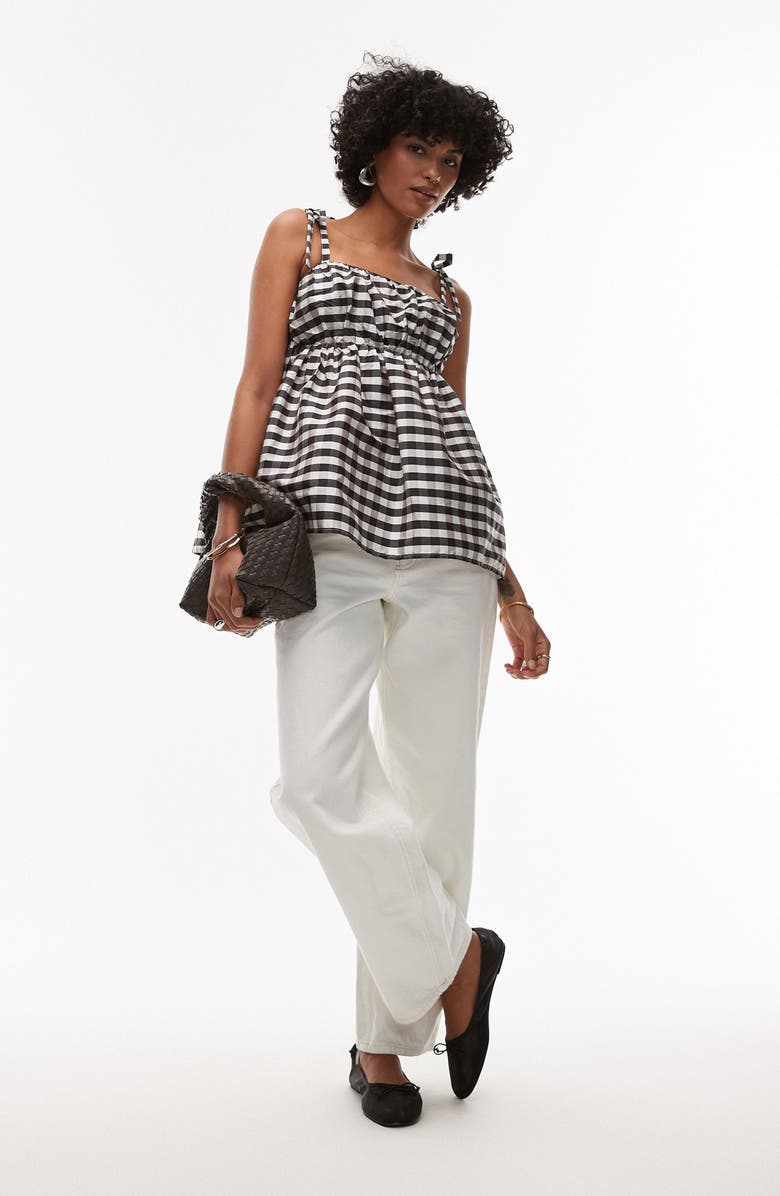 Topshop Check Taffeta Babydoll Top, Alternate, color, Black Multi