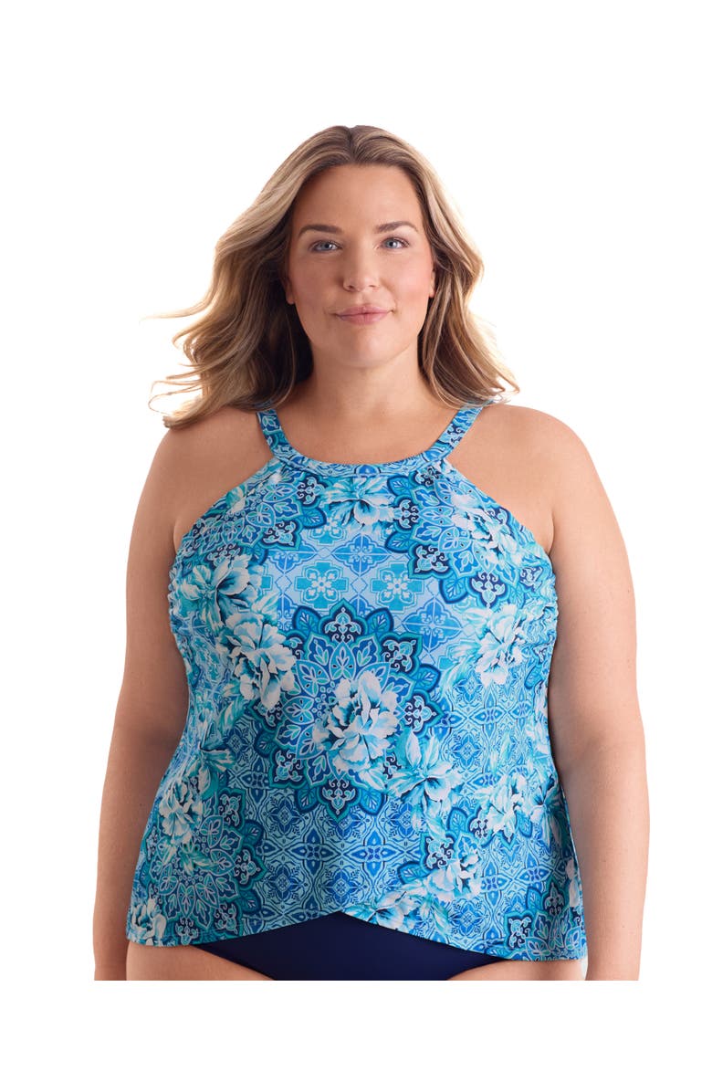 ShapeSolver High Neck Tankini Plus Size Swimsuit Top, Main, color, Barcelona Blues