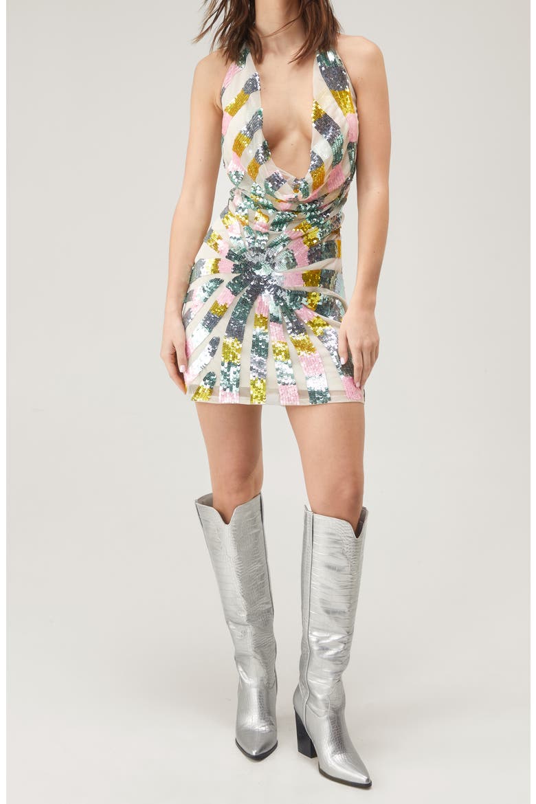 Tie Dye Sequin Palm Plunge Halter Minidress, Main, color, WHITE