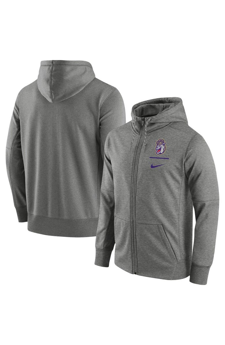 Nike Men's Nike Heathered Gray James Madison Dukes Logo Stack Performance Full-Zip Hoodie, Alternate, color,