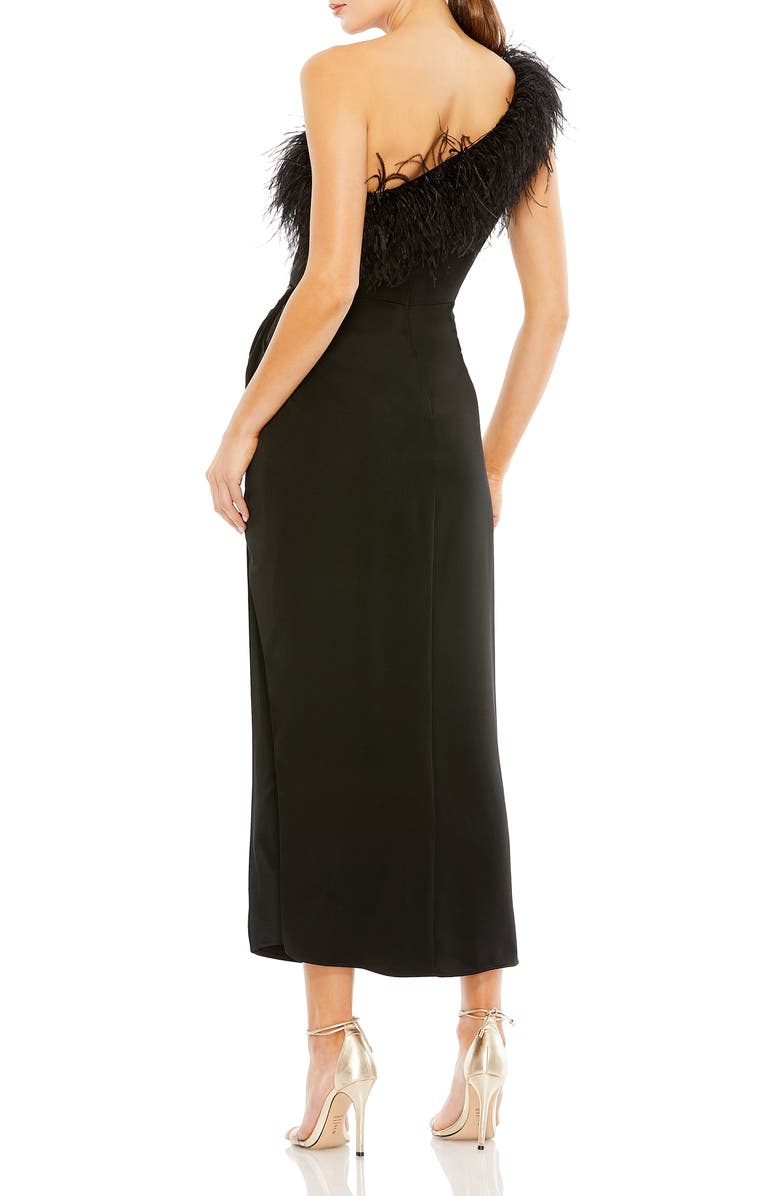 Mac Duggal Feather Trim One Shoulder Draped Dress, Alternate, color, Black