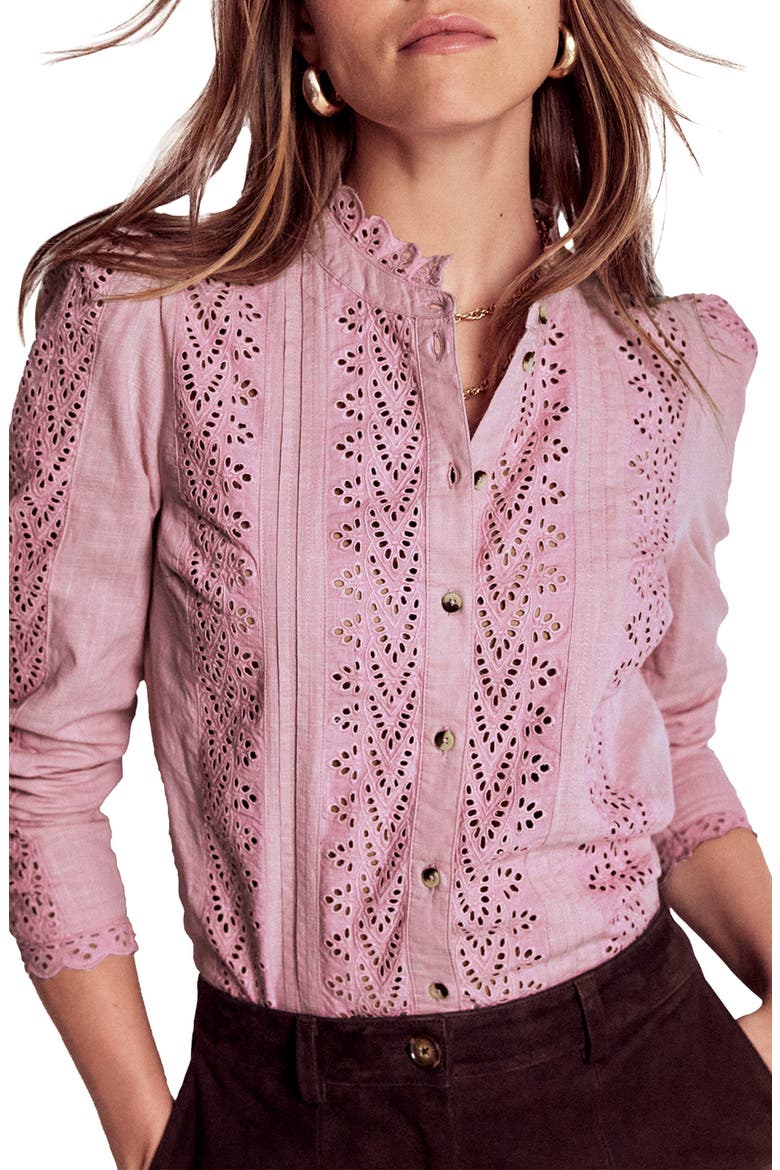 Pintuck Cotton Broderie Anglaise Button-Up Shirt, Main, color, IRIS PINK