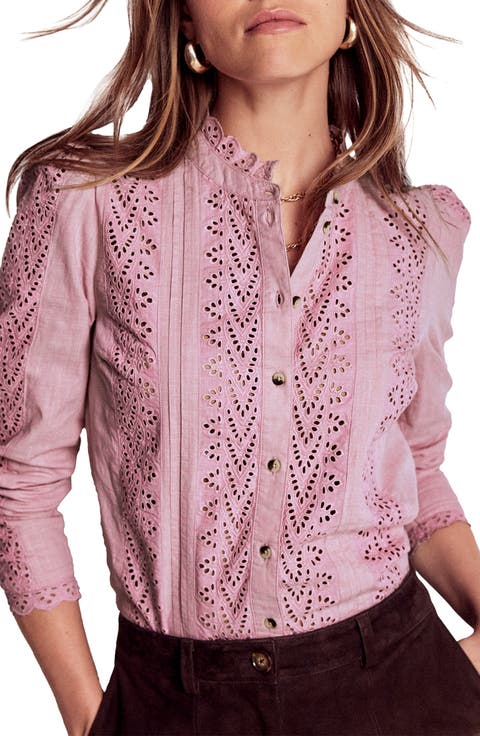 Pintuck Cotton Broderie Anglaise Button-Up Shirt