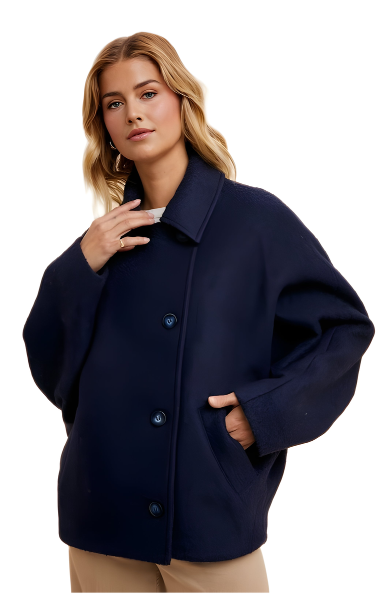 Knit and Lounge Cropped Wool-Blend Coat With Classic Collar And Buttons, Alternate, color, 