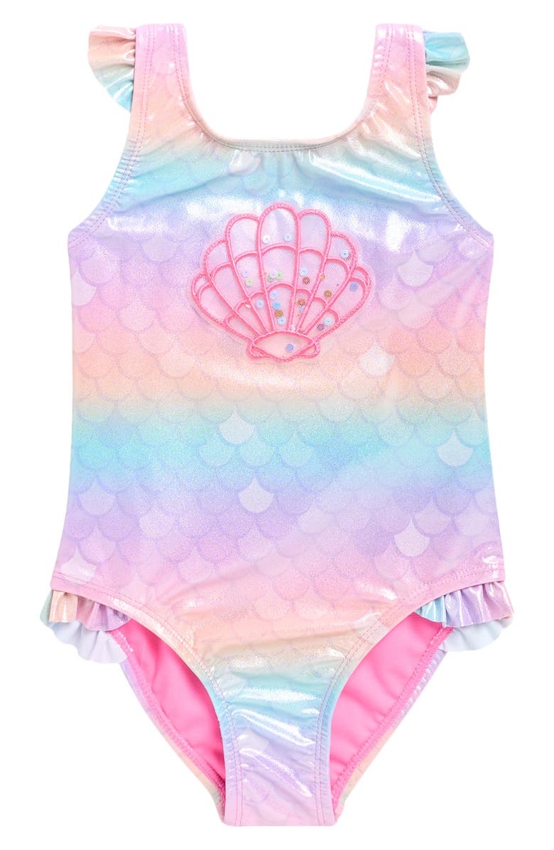 Breaking Waves Kids' 3D Shell Ombré One-Piece Swimsuit, Main, color, Multi Color