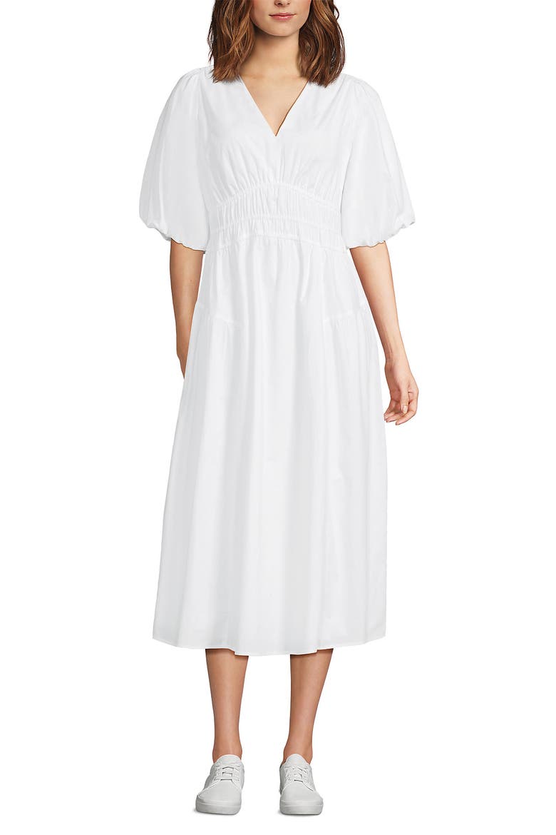 Puff Sleeve Smocked Waist V Neck Dress, Main, color, White