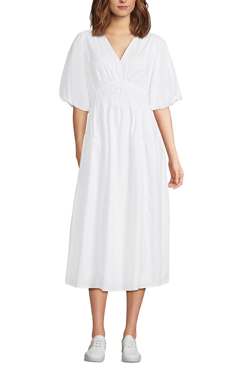 Lands' End Puff Sleeve Smocked Waist V Neck Dress, Main, color, White