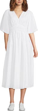 Lands' End Puff Sleeve Smocked Waist V Neck Dress