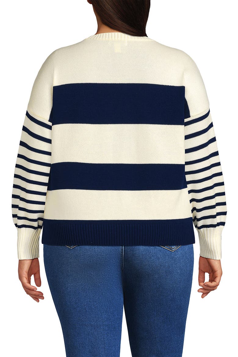 Plus Size Cotton Drifter Novelty Jacquard Crew Neck Sweater, Alternate, color, Navy/Fresh Ivory Wide Stripe