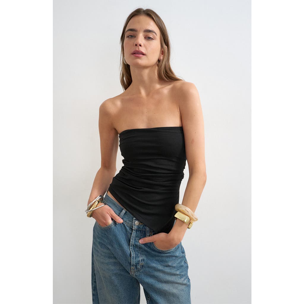 Topshop Strapless Ruched Side Slit Stretch Cotton Top in Black at Nordstrom, Size Small