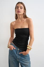 Topshop Strapless Ruched Side Slit Stretch Cotton Top