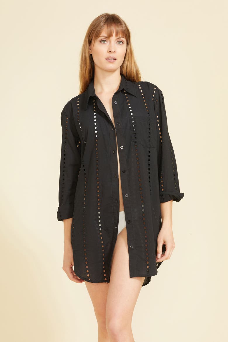 Positano Eyelet Shirt Dress Cover-up, Main, color, Black