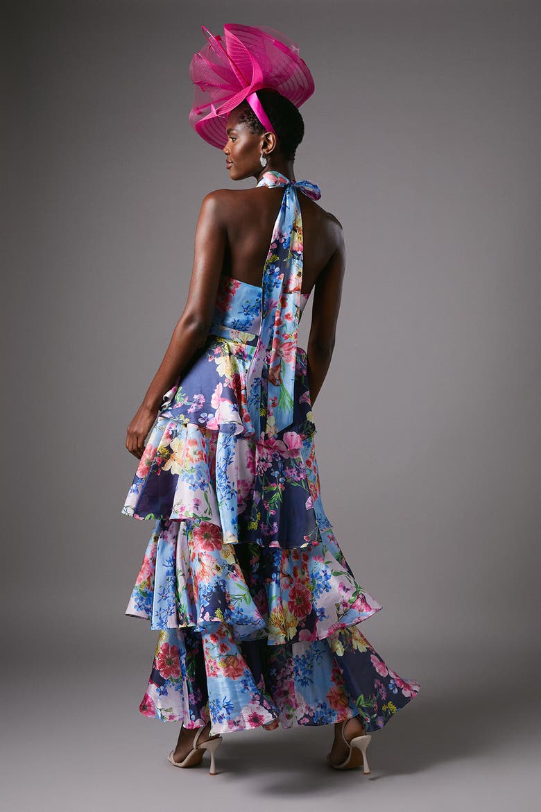 Cross Neck Printed Frill Skirt Dress, Alternate, color, Navy