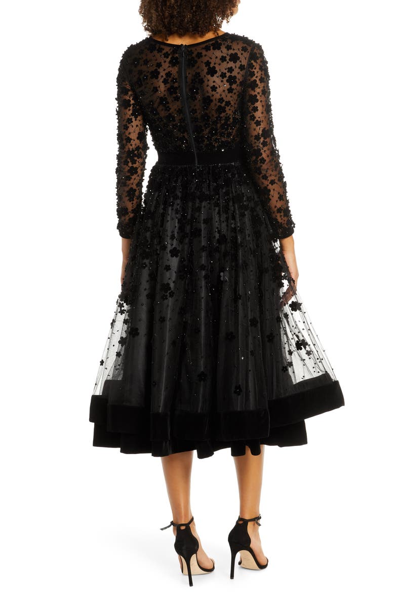 Embellished Illusion High Neck Long Sleeve Fit & Flare, Alternate, color, BLACK