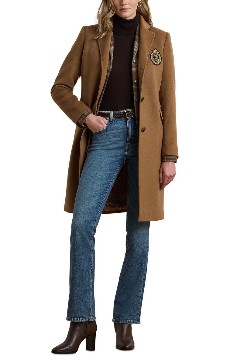 Lauren Ralph Lauren Crest Patch Wool Blend Reefer Coat, Alternate, color, New Vicuna