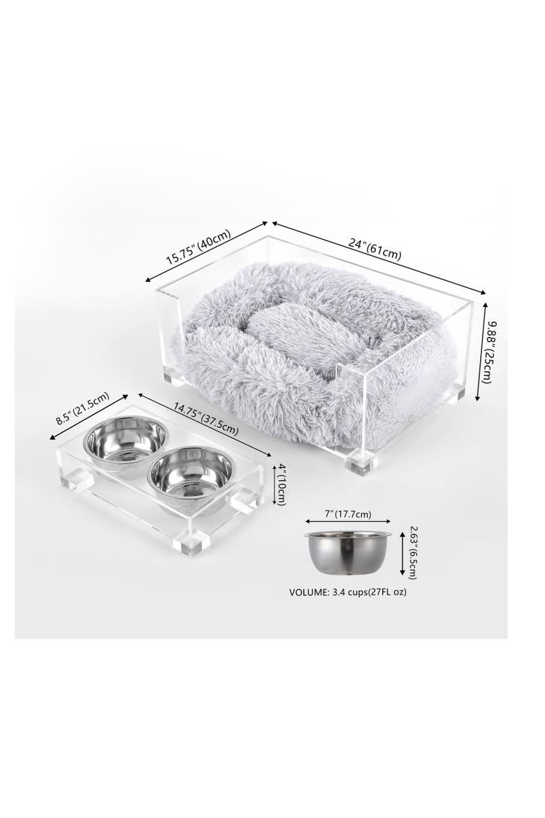 Billie Modern Acrylic Calming Fluffy Pet Bed with Washable Cushion and Elevated Pet Feeder with 2-Stainless Steel Bowls, Alternate, color, Light Gray/Clear