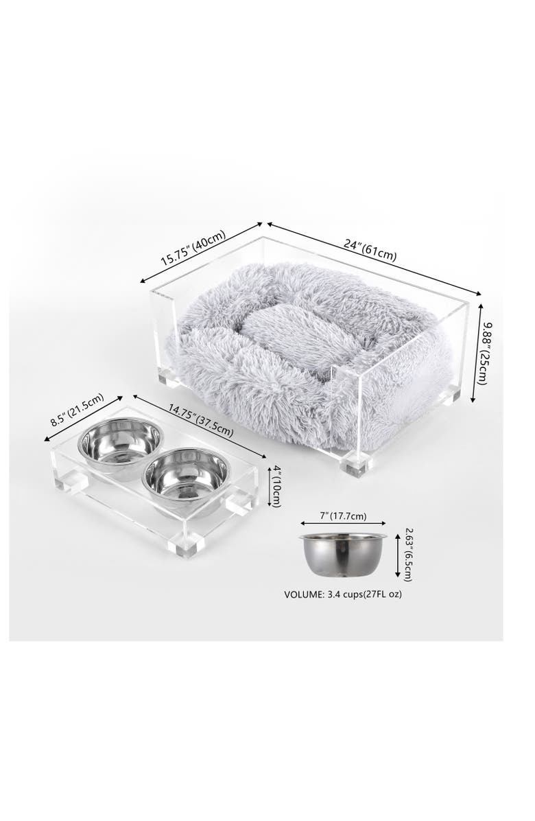 The Licker Store Billie 24" x 15.75" Small Modern Lucite Calming Fluffy Pet Bed with Washable Cushion and 4" Elevated Pet Feeder with 27 oz 2-Stainless Steel Bowls, Alternate, color, Light Gray/Clear