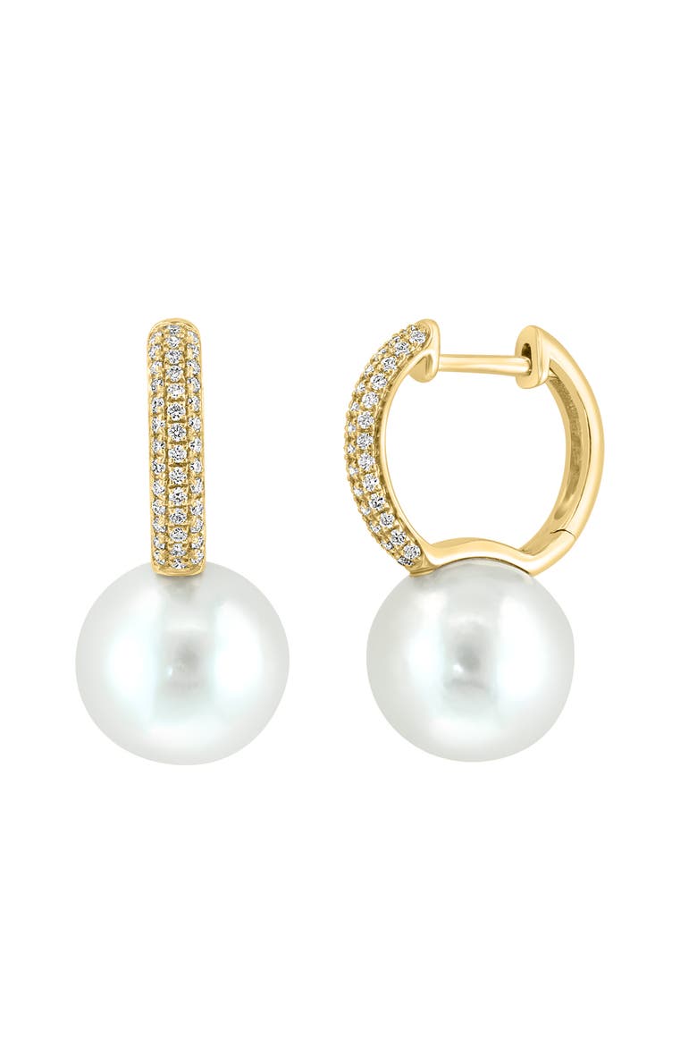 14K Yellow Gold Fresh Water Pearl Drop Diamond Huggie Earrings, Alternate, color, 14K Gold
