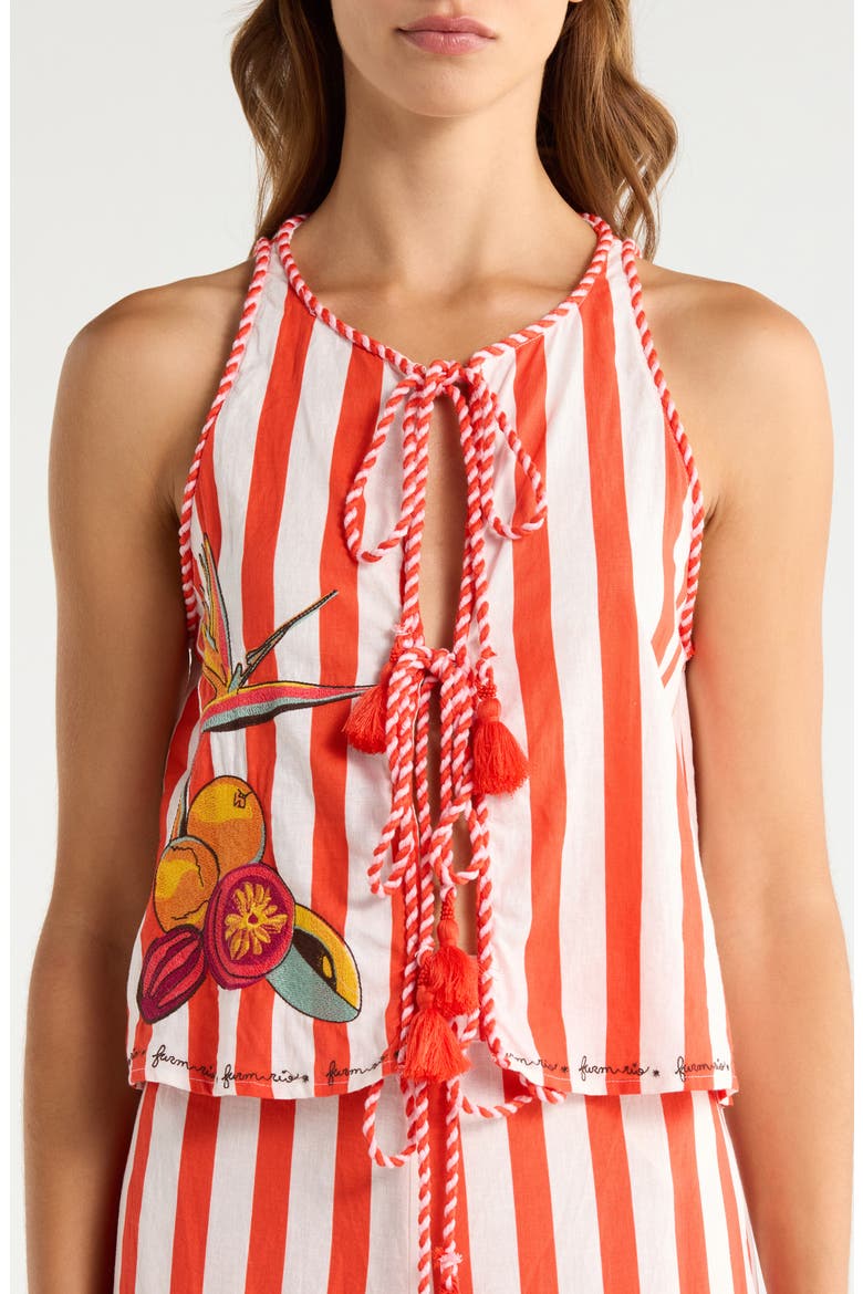 Stripe Fruit Embroidered Tie Front Cover-Up Top, Alternate, color, RED