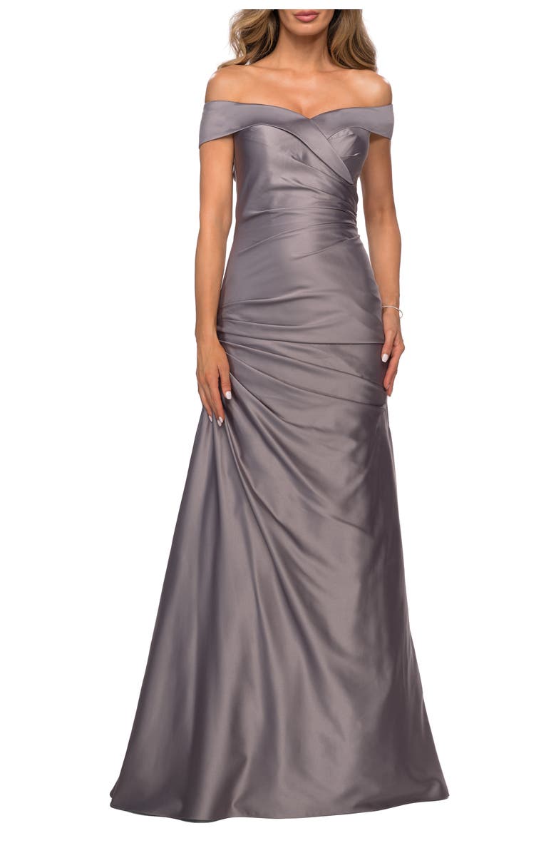 La Femme Off the Shoulder Satin Evening Dress with Pleating, Main, color, Platinum