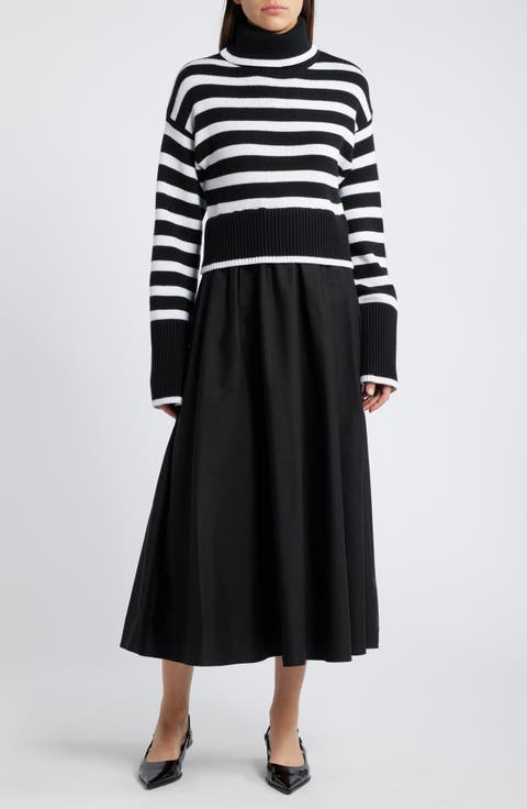 Mixed Media Long Sleeve Midi Dress