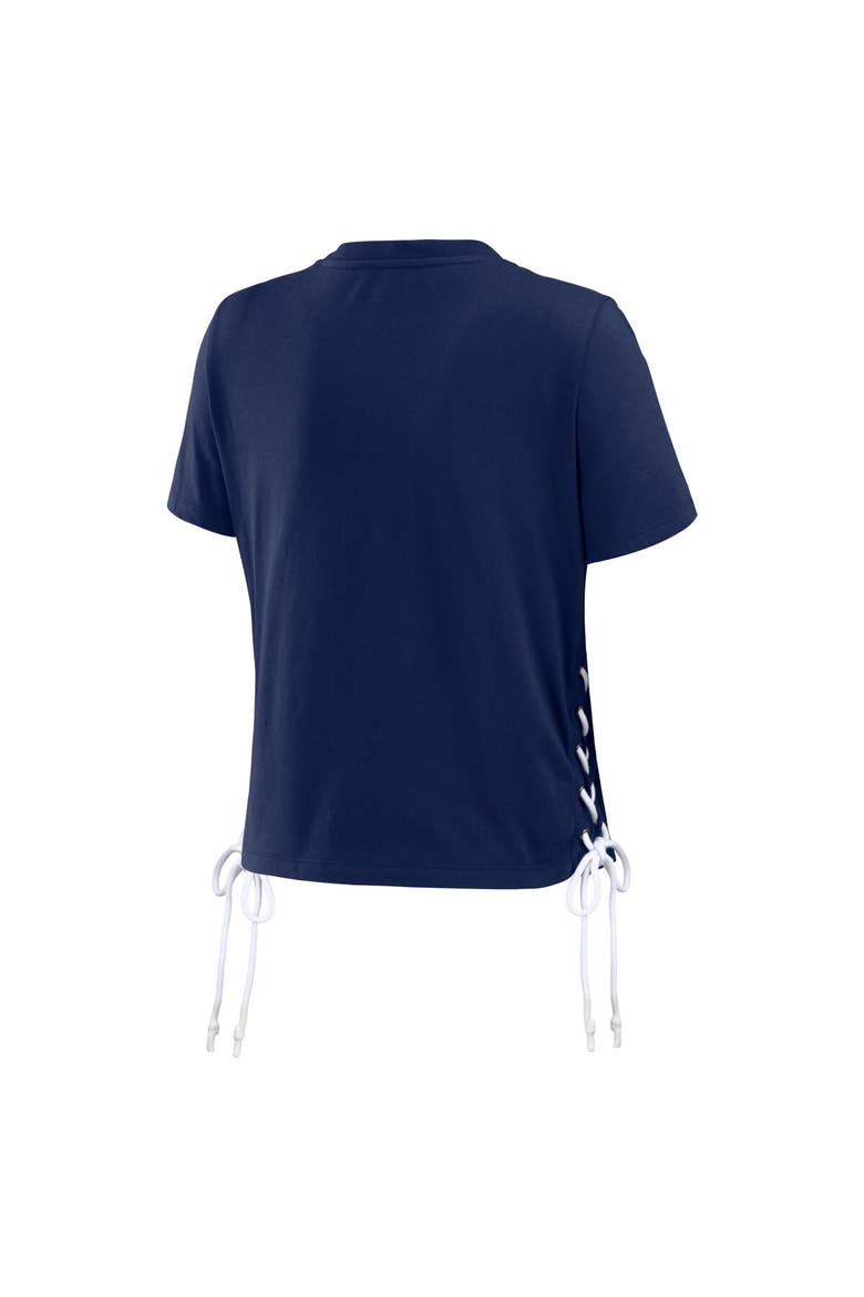 Women's WEAR by Erin Andrews College Navy Seattle Seahawks Lace Up Side Modest Cropped T-Shirt, Alternate, color, Navy